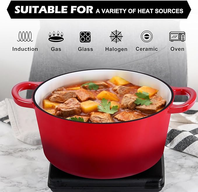 TeamFar 5Qt Dutch Oven, Enameled Cast Iron Dutch Oven with Lid & Dual Handles for Cooking Baking Braising Simmering, Healthy & Sturdy, Oven & Various Stovetops Safe, Non-stick & Easy Clean - Red - Image 5