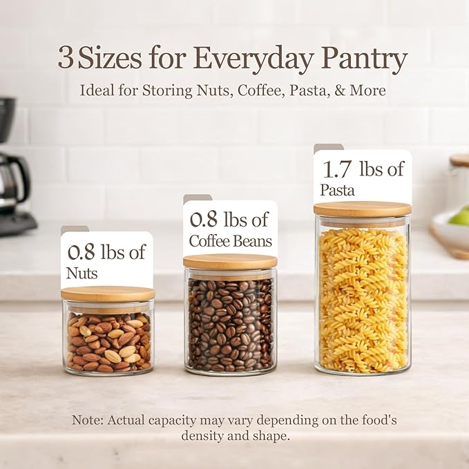 ComSaf Glass Storage Containers with Lids (0.6qt/1qt/1.5qt) Set of 6,Glass Pantry Storage Containers with Airtight Lid & lables for Dry Food, Snacks, Nuts, Stackable for Kitchen, Pantry Organization - Image 2