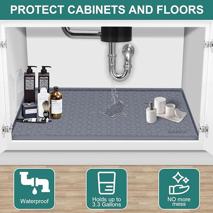 Under Sink Mat, 28" x 22" Waterproof Silicone Under Sink Tray for Kitchen & Laundry Cabinets, Kitchen Cabinet Shelf Protector, Up to 3 Gallons Liquid, Fits 36 inch Standard Cabinet (Blue Grey)