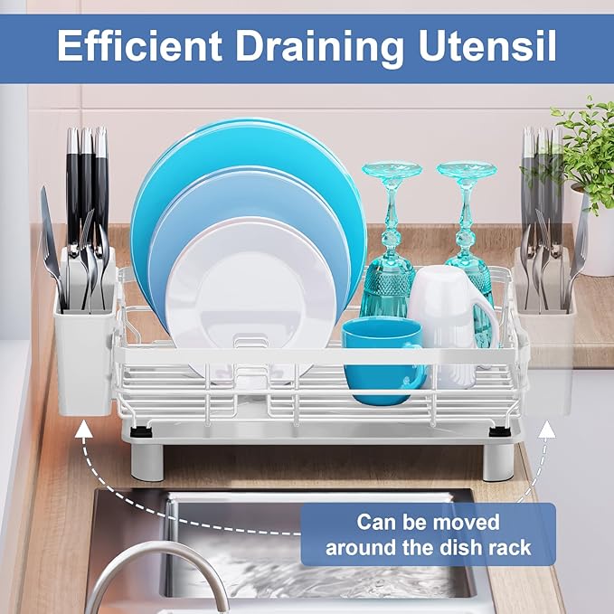 MOUKABAL Dish Drying Rack, Dish Rack, Stainless Steel Dish Racks for Kitchen Counter, Dish Drainer with Removable Utensil Holder, Drainboard (White,13''W x 17''L) - Image 5