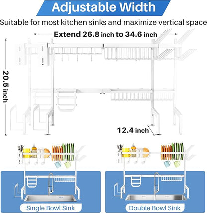 SNTD Over The Sink Dish Drying Rack - Adjustable Dish Rack for Kitchen Counter, Metal (White) - Image 3