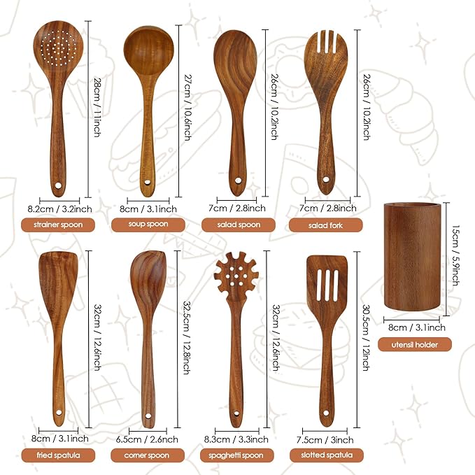 comfoyar Teak Wooden Spoons for Cooking, 9 Pieces Kitchen Cooking Utenails Set with Holder and Ladle, Heat Resistant Kitchen Cookware for Nonstick Pan - Image 2