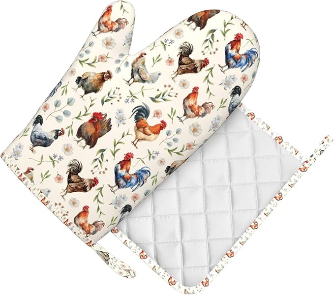 Cute Chicken Oven Mitts and Pot Holders Set, Heat Resistant & Non-Slip Silicone Oven Gloves for Handling Hot Pots, Pans, Baking, Grilling and BBQ