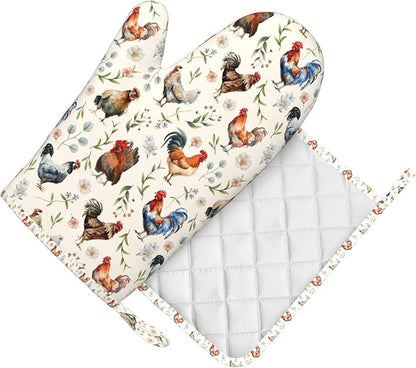 Cute Chicken Oven Mitts and Pot Holders Set, Heat Resistant & Non-Slip Silicone Oven Gloves for Handling Hot Pots, Pans, Baking, Grilling and BBQ