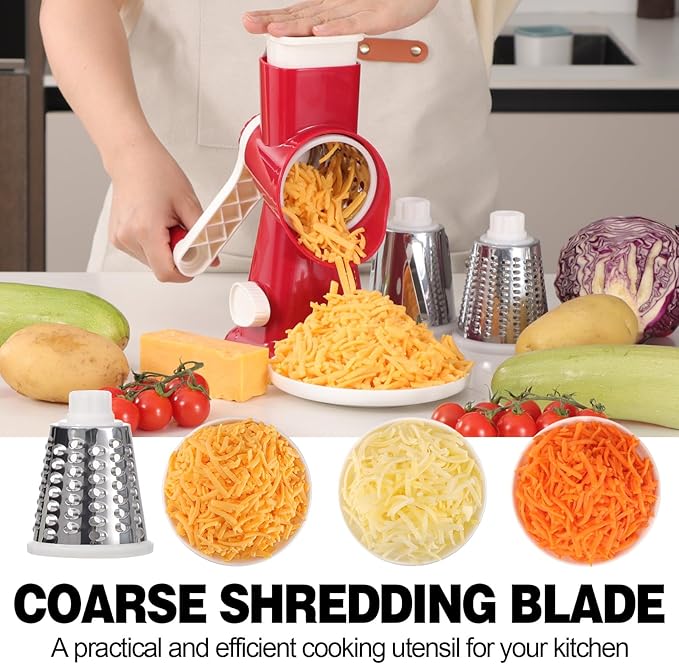 Cheese Grater Cheese Shredder with 3 Interchangeable Blades, Rotary Cheese Grater Manual Vegetable Slicer with Non-slip Suction Base Peanut Nuts Grinder Vegetable Shredder Red - Image 2