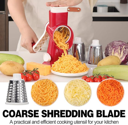 Cheese Grater Cheese Shredder with 3 Interchangeable Blades, Rotary Cheese Grater Manual Vegetable Slicer with Non-slip Suction Base Peanut Nuts Grinder Vegetable Shredder Red - Image 2