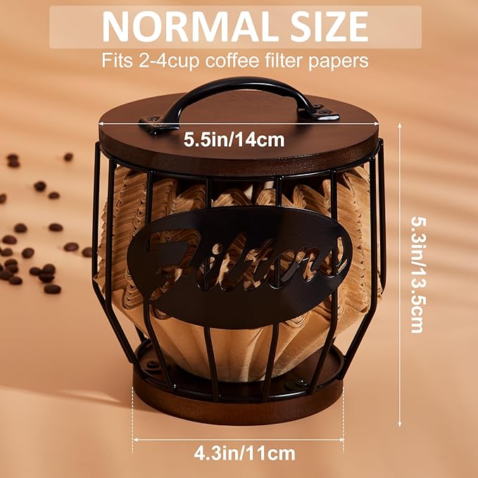 Yangbaga Coffee Filter Holder with Wood Lid,Wood and Metal Coffee Filter Storage Container Basket for Coffee Filters 2-4 Cup,Round Coffee Filter Holder Case for Counter,Coffee Bar Accessories decor - Image 2