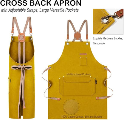 Genixart Chef Apron for Men Women with Pockets, Canvas Aprons for Kitchen Cooking, Artist Painting, Work Apron for Server (Yellow, 6 Pack)