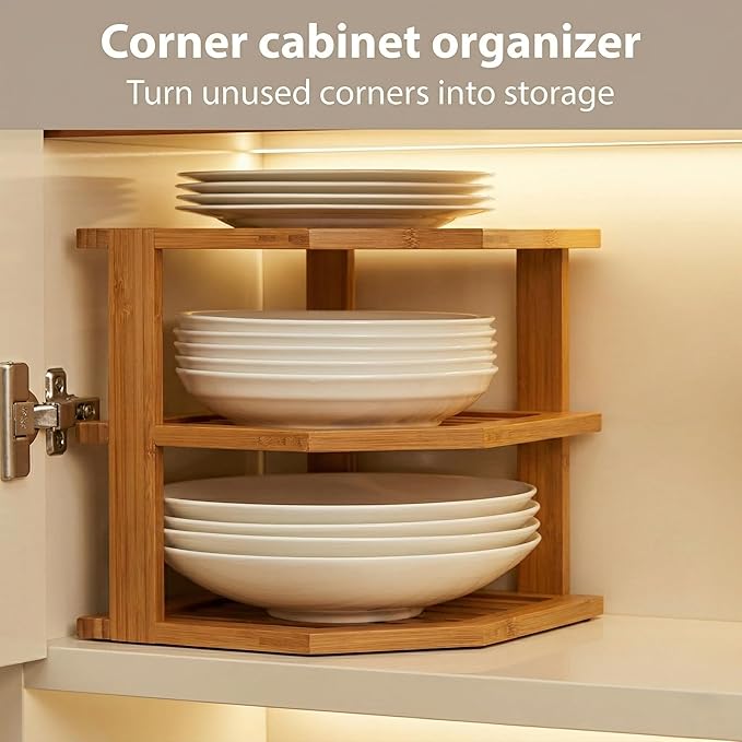 Plate Organizer for Cabinet - 3 Tier Bamboo Corner Shelf Cabinet Organizer for Plates, Bowls, Mugs and Pantry Storage, Space Saving Countertop and Cabinet Corner Shelf, 10 x 10 x 9.5 Inch, Bambusi - Image 4