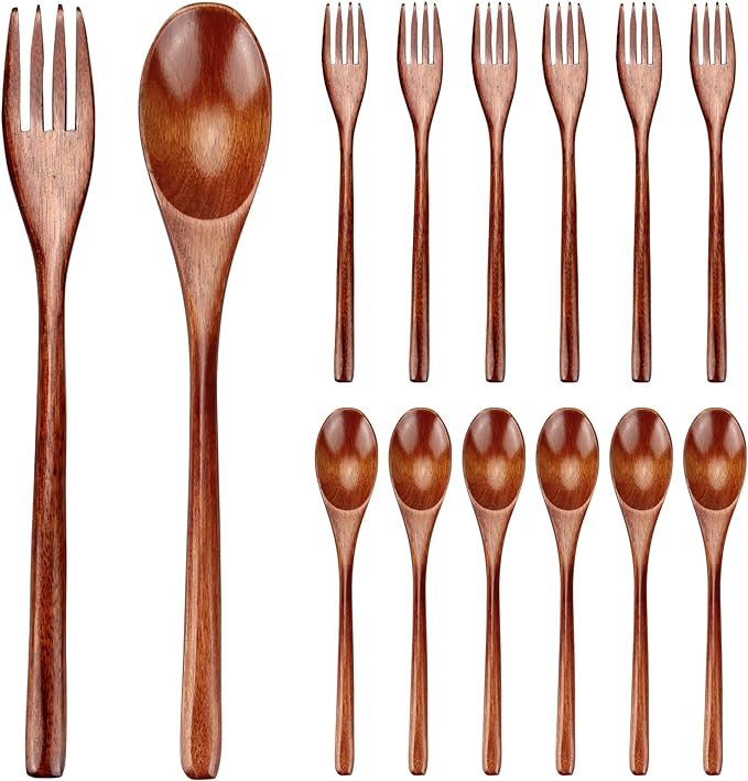 12 Pieces Wooden Forks and Spoons for Eating Utensil Set Lunch Wooden Cutlery Japanese Silverware Sets Flatware Reusable Bamboo Small Utensils Korean Mini Wooden Spoon Fork Set by Renawe
