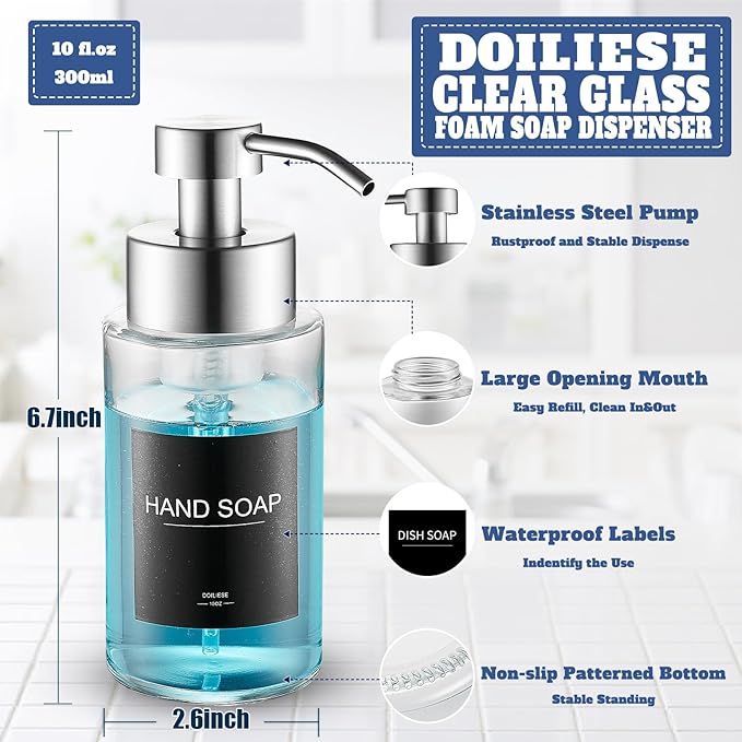 Glass Foaming Hand Soap Dispenser, 10 oz Easy Refill Bathroom Soap Dispenser, Foaming Dispenser with Stainless Steel Pump & Waterproof Labels, Foam Soap Pump Bottles for Handwashing, 2 Sets - Image 2