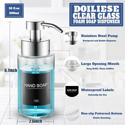 Glass Foaming Hand Soap Dispenser, 10 oz Easy Refill Bathroom Soap Dispenser, Foaming Dispenser with Stainless Steel Pump & Waterproof Labels, Foam Soap Pump Bottles for Handwashing, 2 Sets - Image 2
