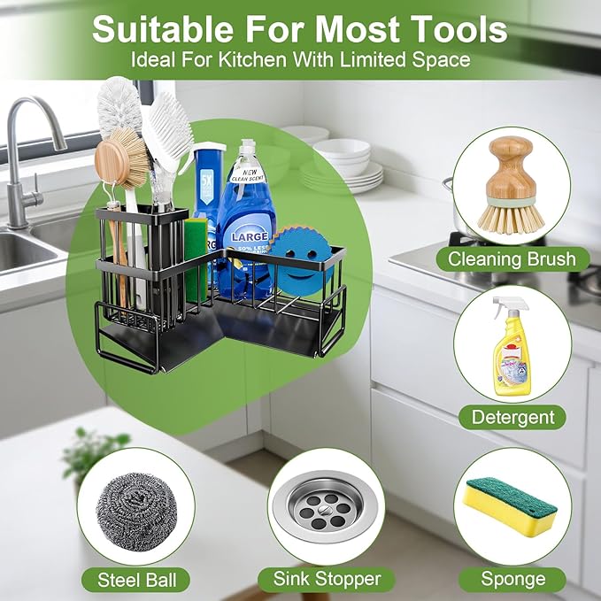 Fikoksol Large Sponge Holder for Kitchen Sink, 90-Degree Sink Caddy Organizer with Dish Brush Holder for Countertop Corner Storage Rack, Metal L-Shaped Kitchen Sink Sponge Soap Organizer Storage Ideas - Image 5