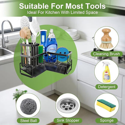 Fikoksol Large Sponge Holder for Kitchen Sink, 90-Degree Sink Caddy Organizer with Dish Brush Holder for Countertop Corner Storage Rack, Metal L-Shaped Kitchen Sink Sponge Soap Organizer Storage Ideas - Image 5