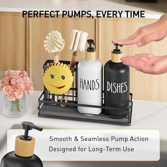 Moforoco Kitchen Dish Soap Dispenser Set, 16OZ Glass Bottle, Hand and Dish Soap Dispenser Set, Instant Dry Tray, Brush Holder with Smiley Face Sponge Holder (Black Tray+Black&White Bottle) - Image 3