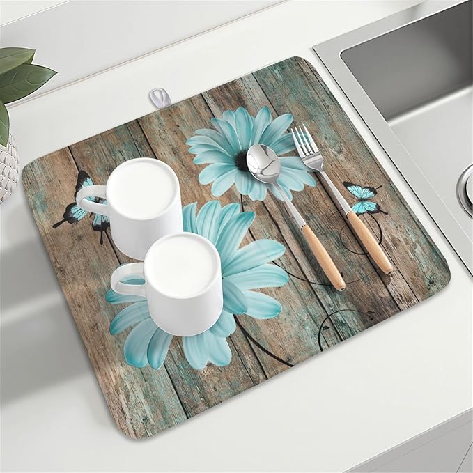 Teal Sunflowers Drying Mat 18x16 Inch, Summer Wooden Board Drying Mat with Absorbent Reversible Microfiber, Rustic Dish Drainer Mats Shabby Chic Floral Rack Pad for Coffee Countertop Kitchen Protector