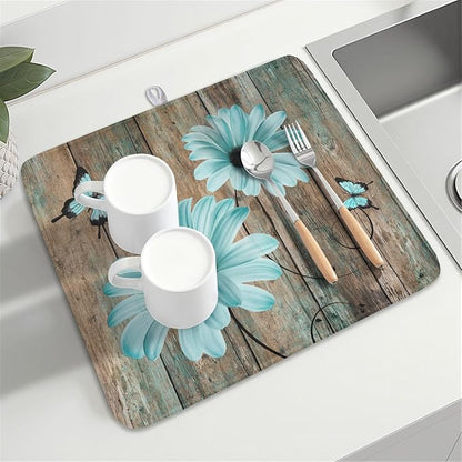 Teal Sunflowers Drying Mat 18x16 Inch, Summer Wooden Board Drying Mat with Absorbent Reversible Microfiber, Rustic Dish Drainer Mats Shabby Chic Floral Rack Pad for Coffee Countertop Kitchen Protector