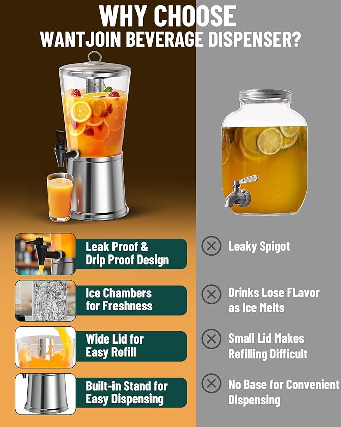 WantJoin Beverage Dispenser With Stand, Drink Dispenser for Party, Stainless Steel Water Dispenser with Ice Core, Spigot, Drink Jar Jug For Home Parties Lemonade, Clear Acrylic, 2-GALLONS 8 Liters - Image 7