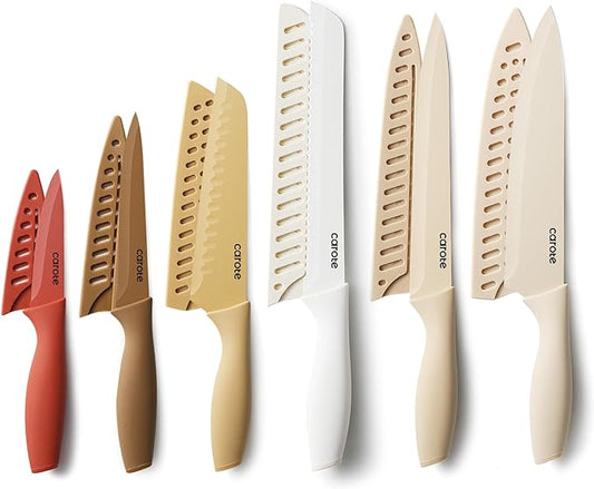 CAROTE Knife Set, 12 Pieces Kitchen Knife Set, 6 Stainless Steel Knives with Blade Guards & Nonstick Ceramic Coating, Rustproof, Color-Coded, Ergonomic Handles by CAROTE