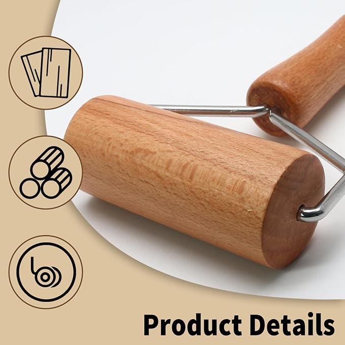 Wooden Rolling Pin, Ergonomic Non-Stick Pizza Baker Dough Pastry Roller for Kitchen Home Cooking Baking (T Round Type)
