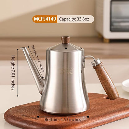 18/8 Stainless Steel Olive Oil Dispenser 1000ml/33.8oz Drip-Free Pouring Oil Pot Storage Container Wooden Handle