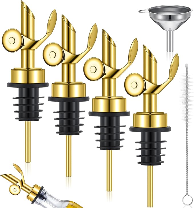 Tioncy 4 Pieces Weighted Stainless Steel Pourers Olive Oil Spout Olive Oil Dispenser Spout Automatic Opening and Closing with Funnel and Brush for Pouring Wine Syrup Kitchen(Gold)