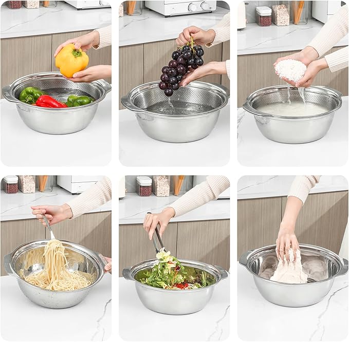 304 Stainless Steel Microporous Colander with Handle, Rice Washers Microporous Strainer Set For washing vegetables, fruits and rice, and draining cooked pasta. - Image 3