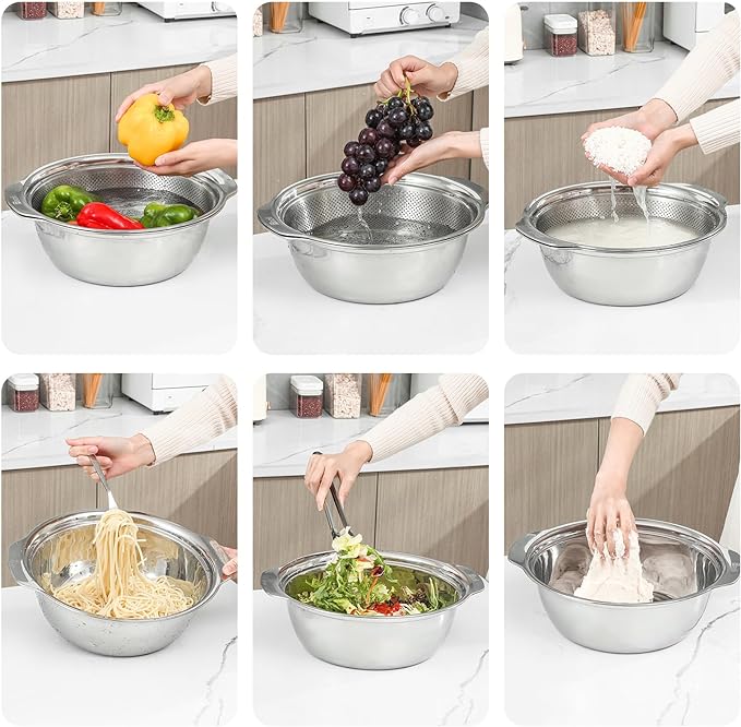 304 Stainless Steel Microporous Colander with Handle, Rice Washers Microporous Strainer Set For washing vegetables, fruits and rice, and draining cooked pasta. - Image 3