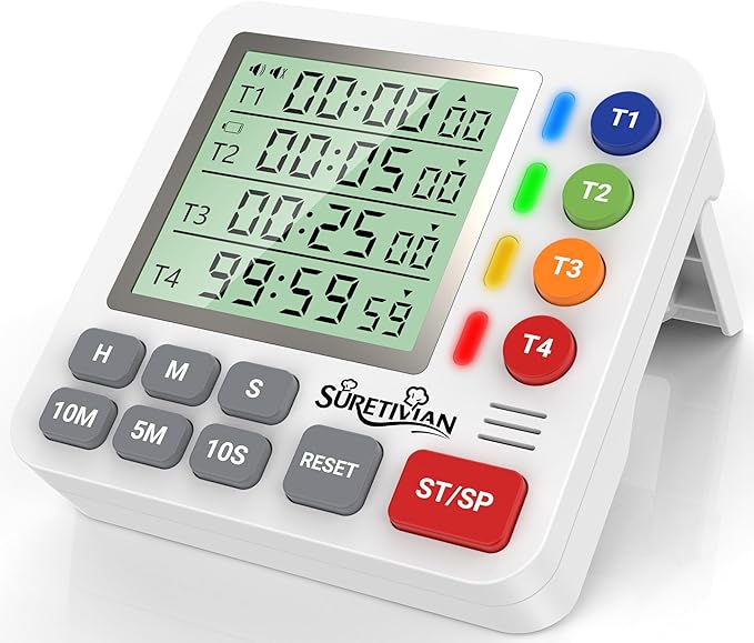 Digital Kitchen Timer for Cooking - 4 Channel Count Up Countdown Timer with Loud Alarm and Silent Mode, Large Display, Magnetic Back, Auto Memory for Classroom Study Gym, Battery Included (White) by SURETIVIAN