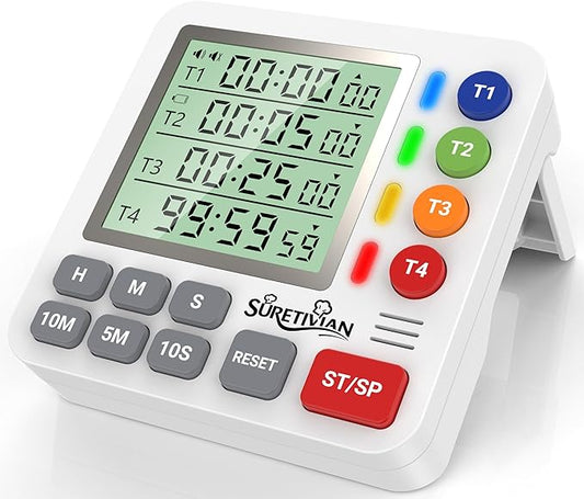 Digital Kitchen Timer for Cooking - 4 Channel Count Up Countdown Timer with Loud Alarm and Silent Mode, Large Display, Magnetic Back, Auto Memory for Classroom Study Gym, Battery Included (White) by SURETIVIAN