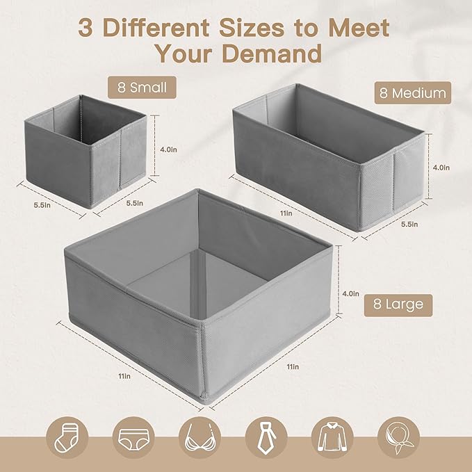 Criusia Drawer Organizer Clothes, 24 Pack Dresser Organizer for Baby Clothes, Underwear, Sock- Foldable Closet Organization and Storage Dividers Bins for Nursery, Bedroom and Dorm (Grey) - Image 2