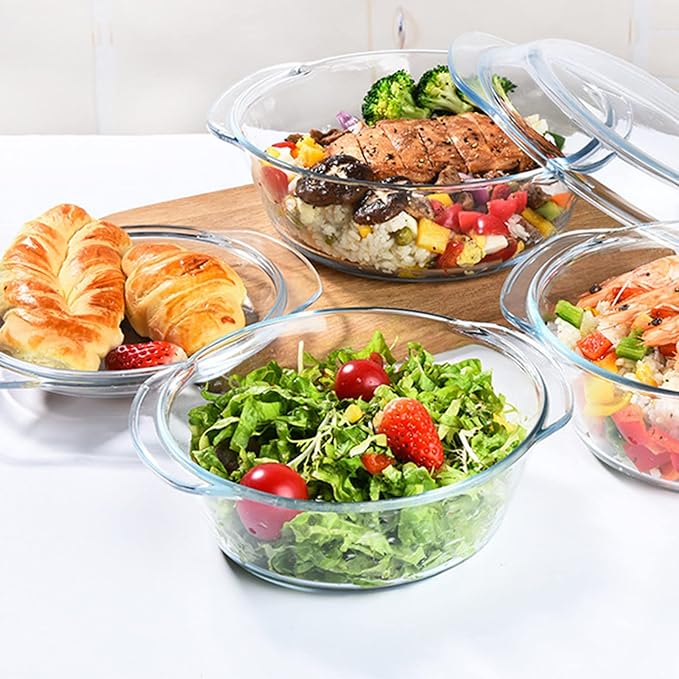 Casserole Baking Dish with 2 pcs, 1 QT large,Round with Handle and Lid, Tempered Glass, Oven Microwave Dishwasher freezer safe,Cookware Bowl,Clear