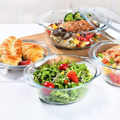 Casserole Baking Dish with 2 pcs, 1 QT large,Round with Handle and Lid, Tempered Glass, Oven Microwave Dishwasher freezer safe,Cookware Bowl,Clear