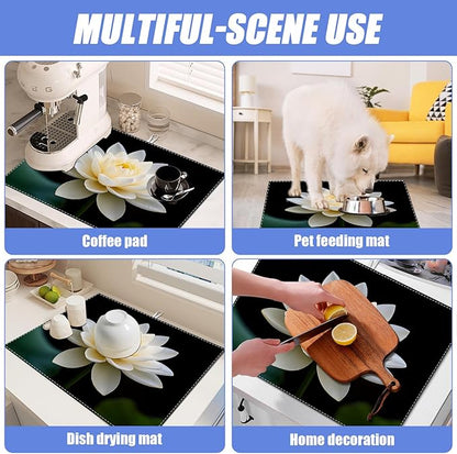 White Louts Flower Dish Drying Mat for Kitchen Counter Floral Drying Pad Absorbent Reversible Dish Drainer Rack Mats Draining Pad 18"x24"Inch - Image 7