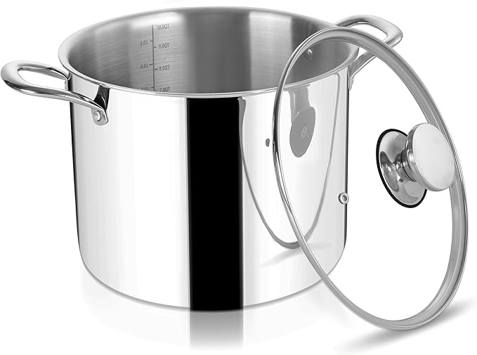 Herogo 10 Quart Stock Pot, 18/10 Stainless Steel Large Cooking Pot with Lid, 10 QT Metal Pasta Stockpot for Chicken Soup, Tri-ply Big Stockpot for Induction Gas Electric Stove, Dishwasher Safe