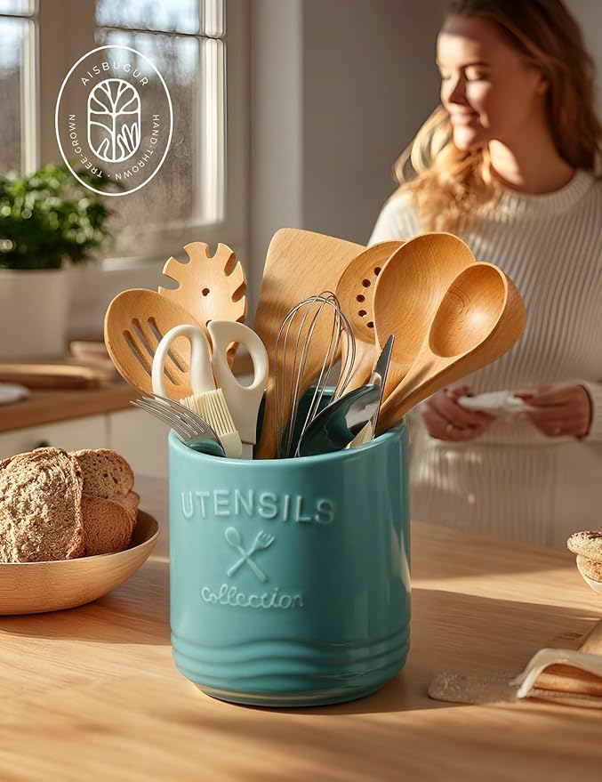 AISBUGUR Large Ceramic Utensil Holder 7.5" H×6.3" W with Slanted Mouth - Utensil Crock with Non-Slip Cork Base for Kitchen Counter, Ideal for Decor & Gift,Blue - Image 6