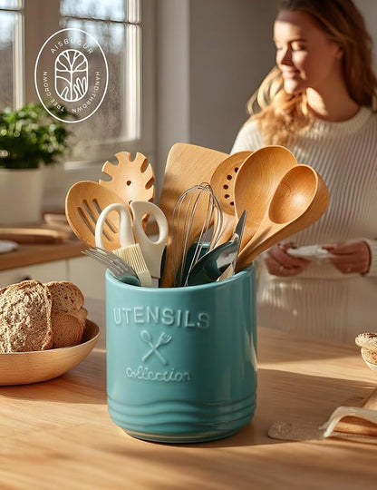 AISBUGUR Large Ceramic Utensil Holder 7.5" H×6.3" W with Slanted Mouth - Utensil Crock with Non-Slip Cork Base for Kitchen Counter, Ideal for Decor & Gift,Blue - Image 6