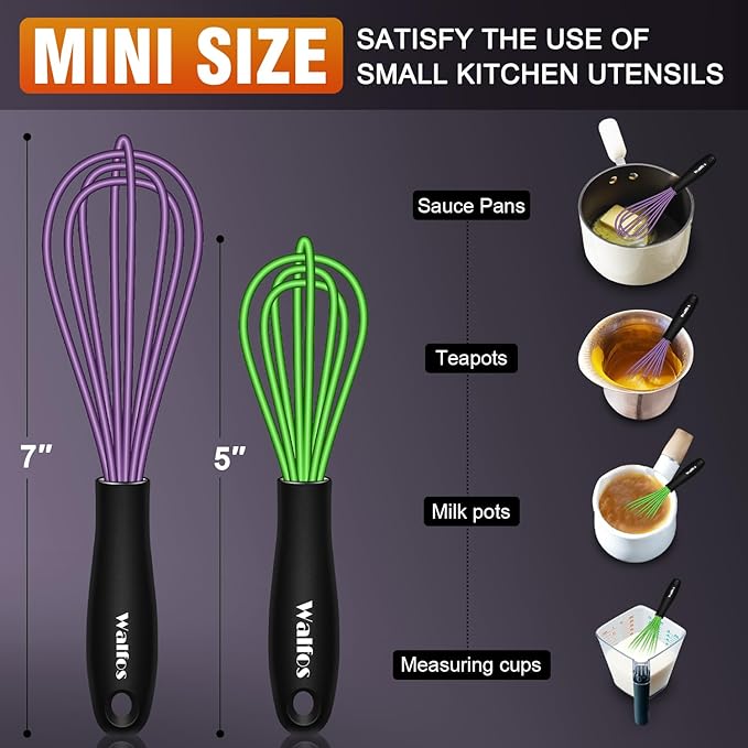Walfos Mini Silicone Whisk, 5-7Inch, Heat Resistant (480F), Purple & Green - Image 6