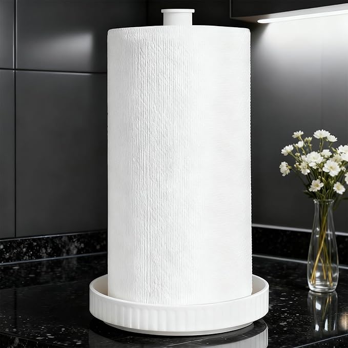 VROOMIUM Paper Towel Holder, Ceramic Base Water & Oil Resistant, Fits Double and Family Size Rolls, Stable and Easy to Clean Kitchen Roll Stand- Chic White