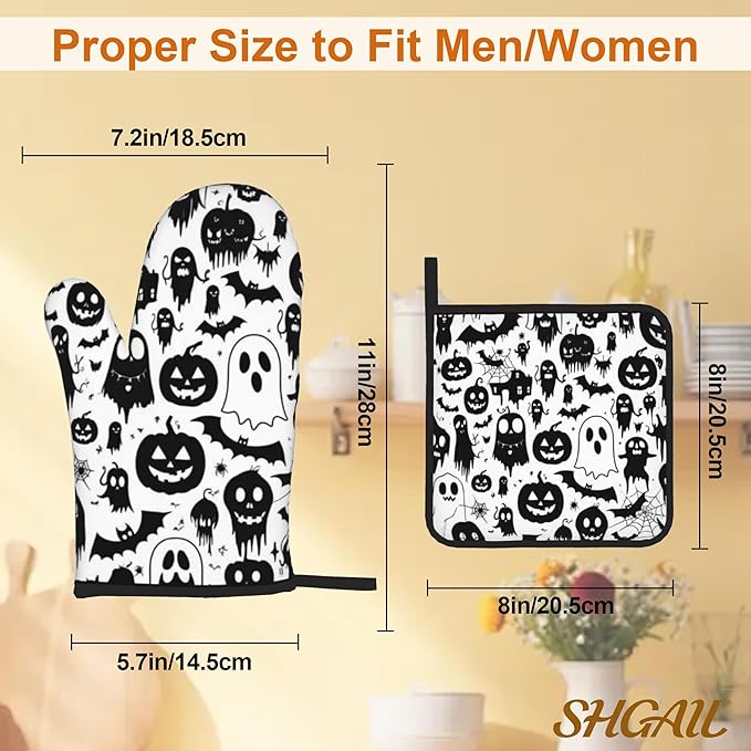 Halloween Ghost Pumpkin Pattern Oven Gloves and Hot Pads Set - Heatproof Hand Protection for Baking, Grilling, Cooking 4Pcs