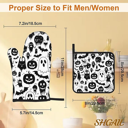 Halloween Ghost Pumpkin Pattern Oven Gloves and Hot Pads Set - Heatproof Hand Protection for Baking, Grilling, Cooking 4Pcs
