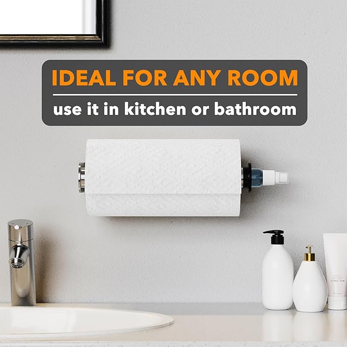 SpaceAid SprayNeat Paper Towel Holder with Spray Bottle, Under Cabinet Paper Towels Holders with Sprayer Inside Center, Hanging Wall Mount Papertowels Roller for Kitchen and Bathroom (Silver)