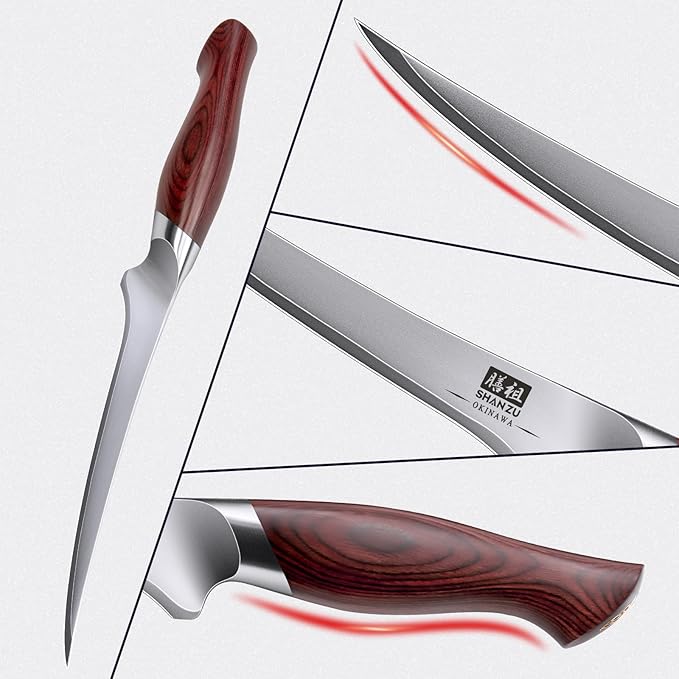 SHAN ZU Fillet Knife 7 inch, Razor Sharp Boning Knife for Meat in 10Cr15Mov Japanese High Carbon Steel Fish knife, Professional Kitchen with Flexible Blade and Ergonomic Pakkawood Handle - Image 8