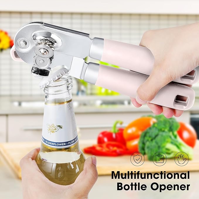 Beneno Heavy Duty Hand Can Opener Manual with Magnet, Durable Sharp Carbon Steel Blade Smooth Cutting, Big Effort-Saving Knob & Soft Grip Handle, Multifunctional Bottle Opener, Light Pink - Image 6