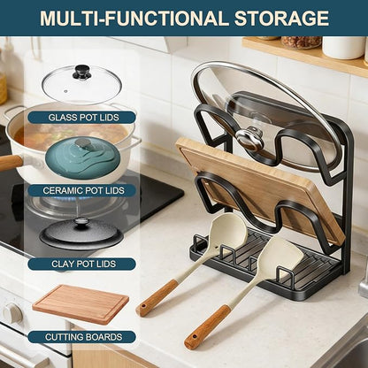 Kitchen Pot Lid Storage Rack: Carbon Steel Double-Layer Holder & Spoon Rest with Removable Drip Tray, Pot Cover Holder While Cooking, Pot Lid Organizer for Kitchen Counter Space Saving(Gray) - Image 3