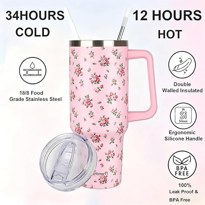 40oz Stainless Steel Double Vacuum Tumbler with Handle, Straw Lid, Carrier Bag, Purse Pouch Phone Pocket, Gym Water Bottle Travel Mug and Sleeve Holder for Men Women (Pink Rose)