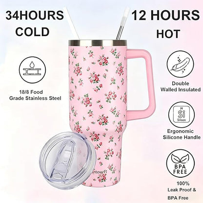 40oz Stainless Steel Double Vacuum Tumbler with Handle, Straw Lid, Carrier Bag, Purse Pouch Phone Pocket, Gym Water Bottle Travel Mug and Sleeve Holder for Men Women (Pink Rose)