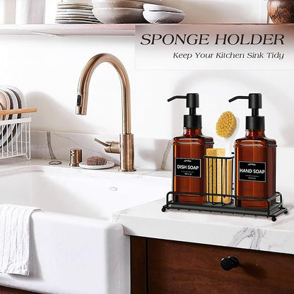 VIMERPA Dish Soap Dispenser, 10 fl oz Kitchen Hand and Dish Soap Dispenser with Adjustable Sponge Holder, Vintage Kitchen Set Amber