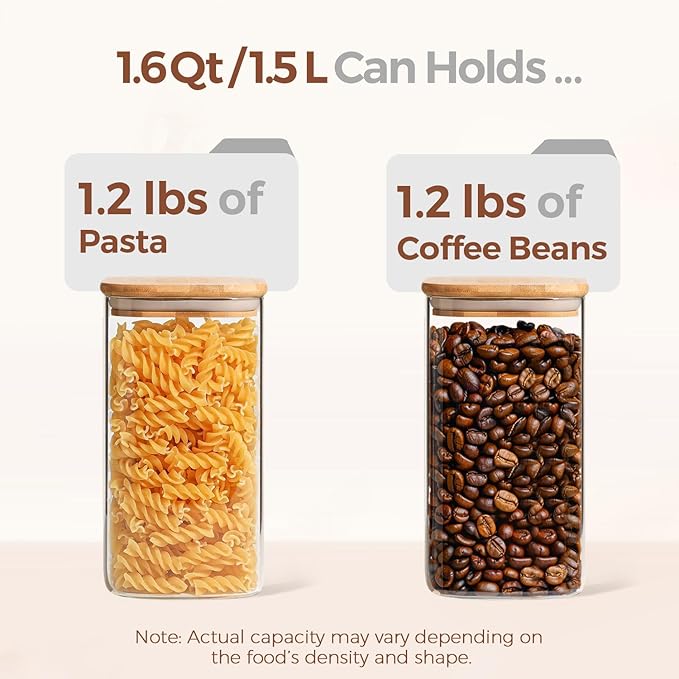 ComSaf Airtight Glass Storage Canister with Wood Lid (1.6 Qt), Clear Food Storage Container Jar with Sealing Lids for Oat Pasta Flour Cereal Rice Sugar Tea Coffee Beans, Set of 3 Square Cookie Jar - Image 3
