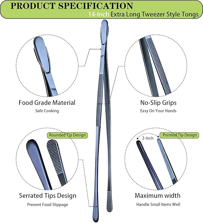 JETKONG 2 Pcs 14-Inch Cooking Tweezer Tongs Extra- Long Stainless Steel Kitchen Tweezers Plating Tongs (Navy Blue) - Image 2